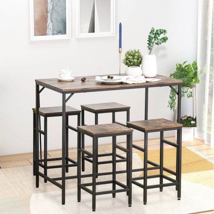 Set table haute 5 pieces avec 4 tabourets style industriel brun rustique et noir 100x60x88 cm