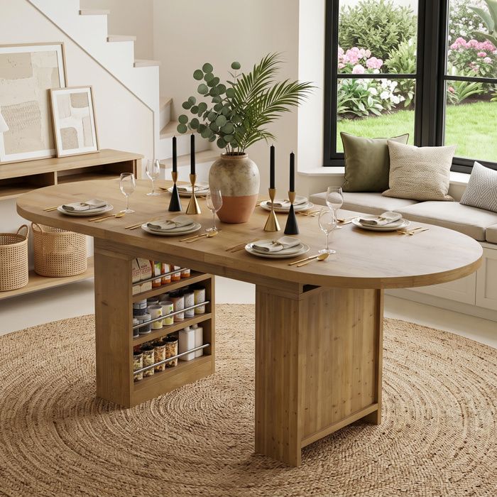 Table à Manger Extensible avec Rangements Ouverts pour 6 à 8 Personnes - TCQPZ - Plateau Épais 24 cm - MDF - Chêne