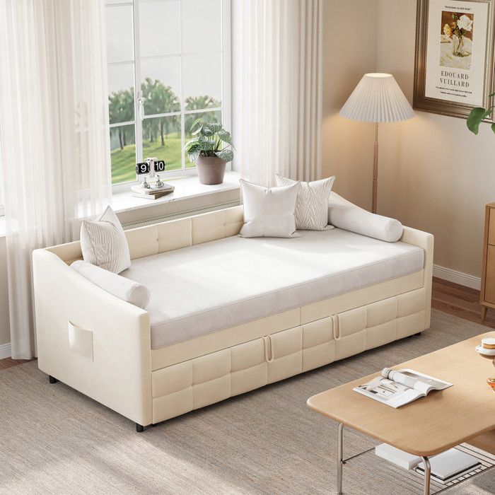 Lit gigogne 90x200 cm beige avec canapé convertible cadre rembourré en velours sommier à lattes lit banquette double extensible