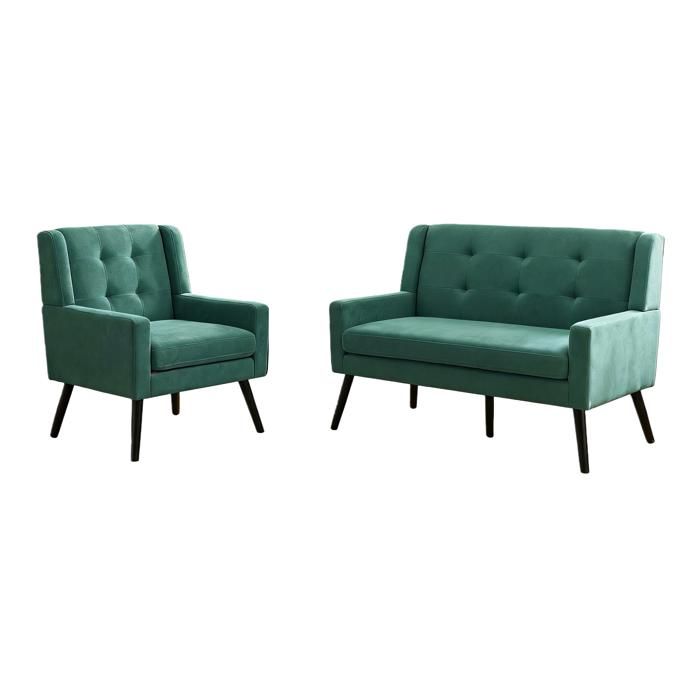 Lot de 2 fauteuils daccent – fauteuil 1 place et banquette 2 places – vert retro capitonne pieds en bois massif