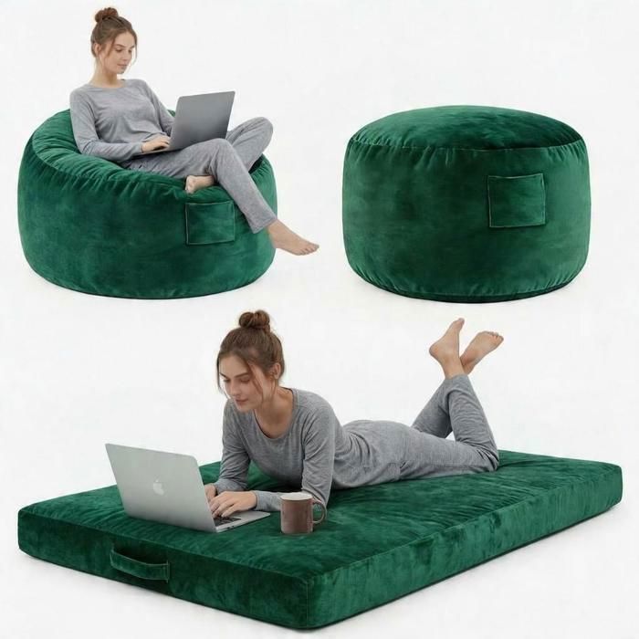 Canapé Pouf Poire3-en-1 spacieux adulte mousse viscoélastique haute récupération housse en flanelle amovible et lavable Vert