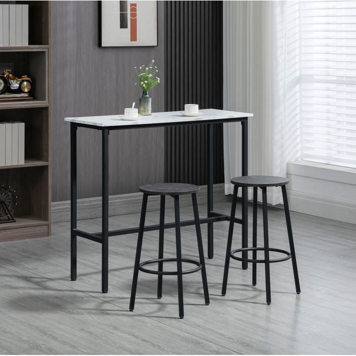 Ensemble table et chaises de bar avec 1 table rectangulaire et 2 tabourets - MEUNIQ - Plateau aspect marbre - Acier - Blanc et noir