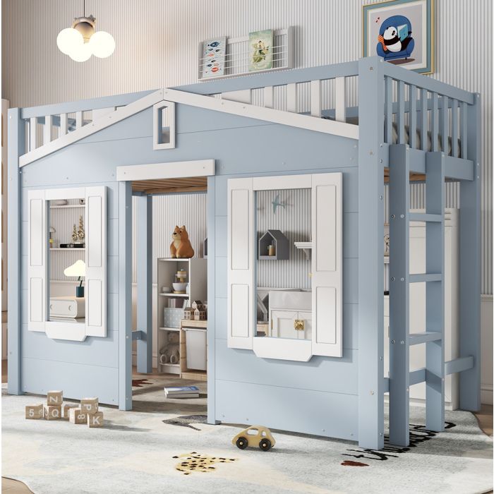Lit mezzanine enfant 90x200 cm bleu avec échelle réversible fenêtre décorative bois et MDF