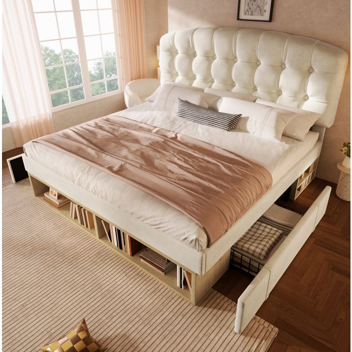 Lit capitonné beige 207 x 151 x 110-120 cm tête réglable lattes rangements intégrés velours sans matelas