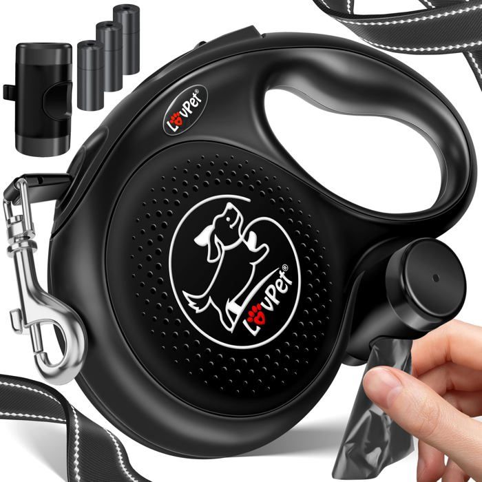 Laisse à enrouleur pour chiens - LOVPET - Noir - 3 m - Poignée ergonomique antidérapante - Rallonge 360° Laisse à enrouleur pour chiens - LOVPET - Noir - 3 m - Poignée ergonomique antidérapante - Rallonge 360°