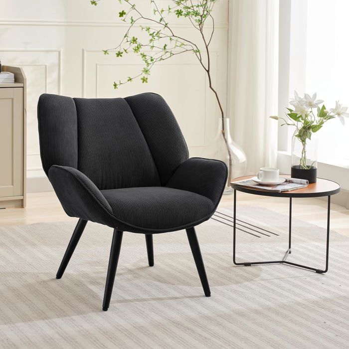 Fauteuil daccent scandinave - Velours côtelé - Confort wingback - 150 kg - Salon/entrée - Gris