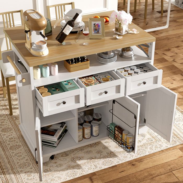 Îlot de cuisine moderne à roulettes effet bois rangements multifonctions séparateurs amovibles et porte-torchon blanc