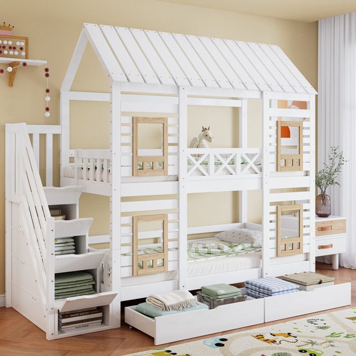 Lit superposé 90x200cm avec fenêtre deux tiroirs à roulettes escalier avec 4 compartiments de rangement pin + MDF blanc+naturel