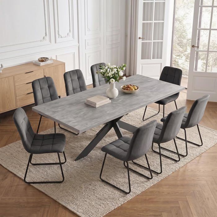 JIEXI Ensemble de table à manger extensible et 8 chaises en velours gris 160-200 cm