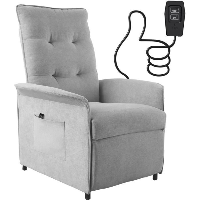 Fauteuil relax inclinable électrique - avec fonctions de chauffage et de vibration - 2 poches latéralles - Gris
