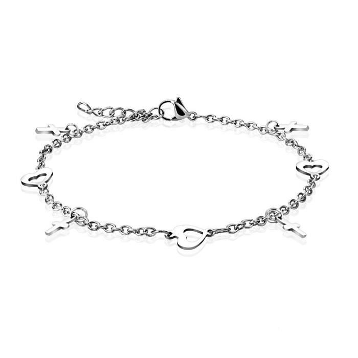 Chaine de cheville - Acier - Femme - Breloques coeur - Breloques croix - Argenté