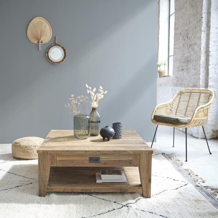 Table Basse Carree En Bois De Teck Recycle Double Plateau 100