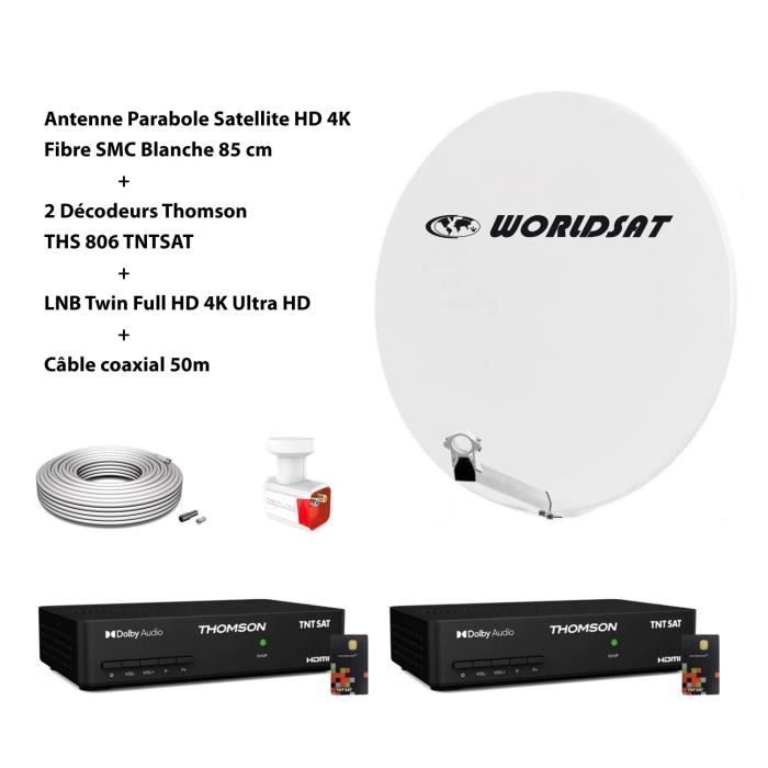 Kit Parabole Sat HD 4K Fibre SMC Blanche 85cm WORLDSAT + 2 Décodeurs Thomson THS806 HD TNTSAT + LNB Twin Full HD 4K + Cable Coax 50m