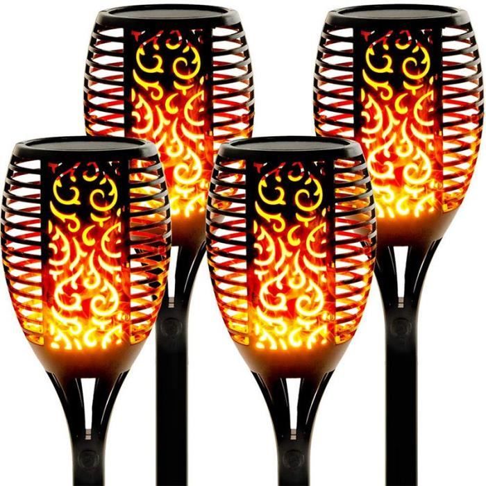 Lampe Torche LED Lampe Solaire Lampe de Jardin Lampe Solaire 4 Pièces Torches de Jardin avec Flammes Réalistes et Montage Mural IP65 Étanche Automatique On/Off 