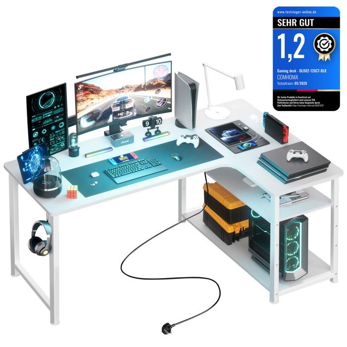 Bureau Gaming en Forme de L Blanc - Étagères Rangement - Port de Charge USB - Prise de Courant