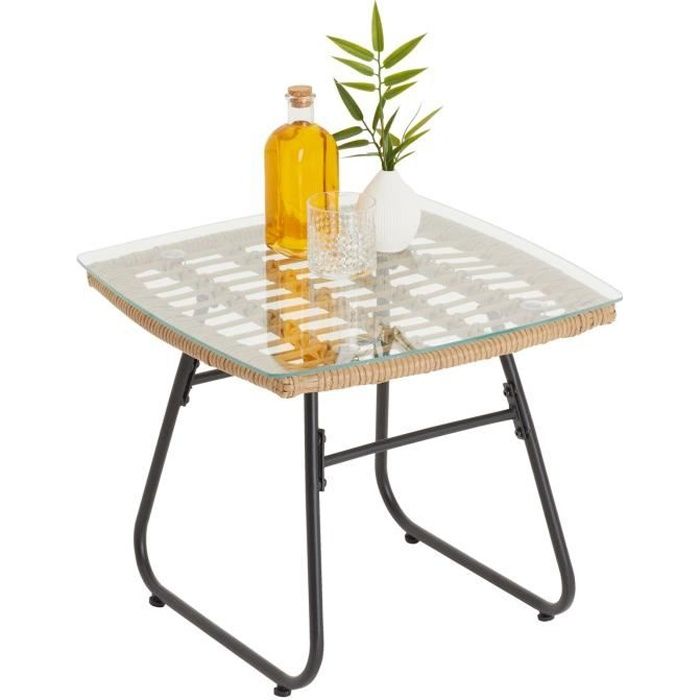 table d'appoint pour jardin - idimex - costa - plateau en verre et imitation rotin - piètement en acier noir