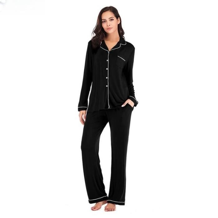 Ensemble de Pyjama Femme Vetements de Nuit Boutonne a Manches Longues Pyjamas Femme 2 Pcs en Hiver Doux a Confortable Noir Noir Cdiscount Pret a Porter