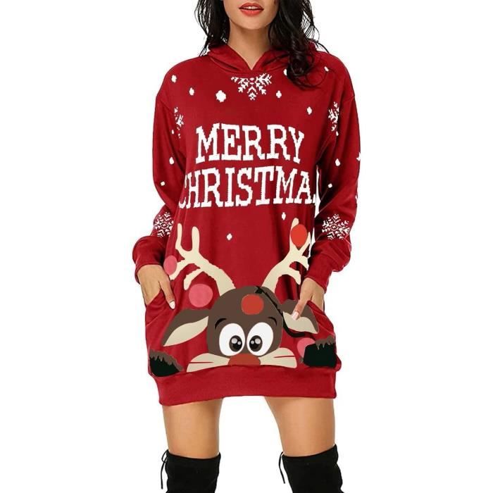 Robe De Noel Femme Hiver Pull Sweat avec Capuche Casual Hoodie Noel Imprime Chic Automne Chaude Pullover avec Poches rouge Rouge Cdiscount Pret a Porter