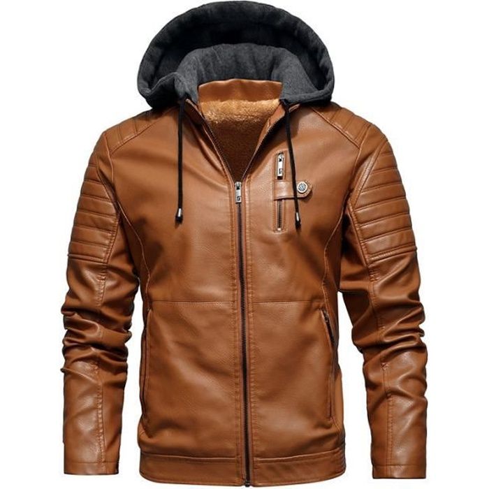 Blouson Homme Cuir Moto Veste Hiver Parka Marque Luxe Doublure Casual  Jacket Leather