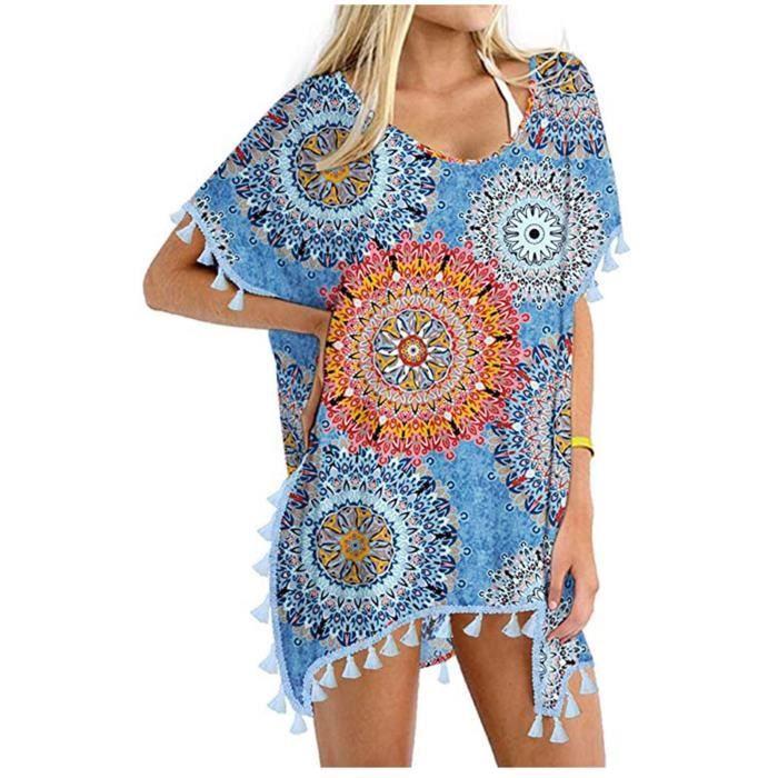 Robe De Plage Couvrant Maillot Femme En Mousseline - Style Bohème Imprimé Floral, Ouverte Devant