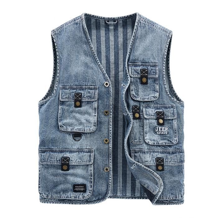 Gilet Homme en Jean Mi Saison Multi Poches Casual L che Sans