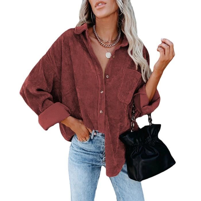 Chemise en Velours Cotele pour Femme Chemisier Boutonne Ample a Manches Longues col en V Chemise avec Poche Poitrine Vin rouge Vin rouge Cdiscount Pret a Porter