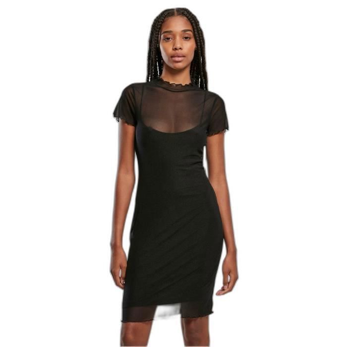 Robe double epaisseur en maille femme Urban Classics noir L manches courtes et volants ludiques