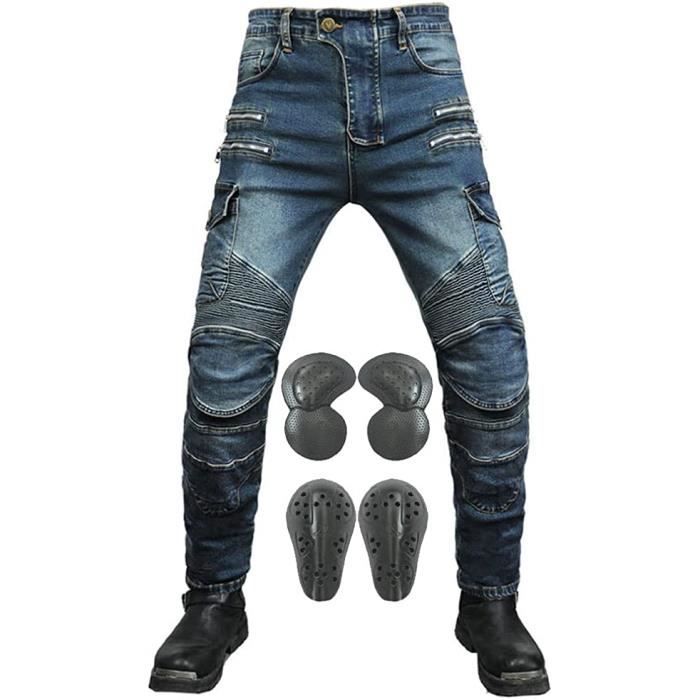 Pantalon de Moto pour Hommes Jeans en Denim Protège-Coussinets pour Genou et Hanches(Bleu-M)