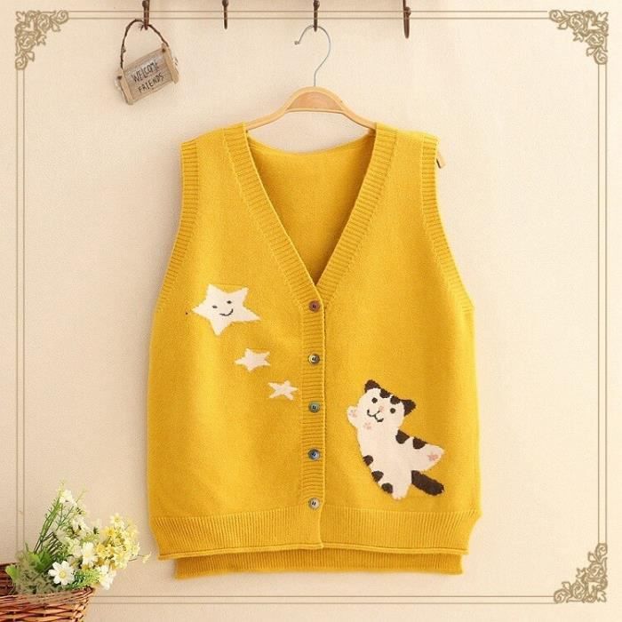 Gilet Cardigan - Kawaii - Jaune - Col en V - Tricot?� - Dessin Anim?� Chat Blanc - Cdiscount Pr??t 