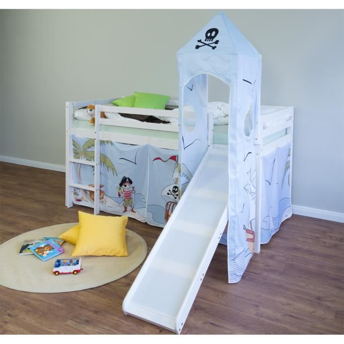 Lit Mezzanine Enfant Homestyle4u 90x200 Cm Avec Échelle Et Rideau Pirate - Bois De Pin Massif Blanc