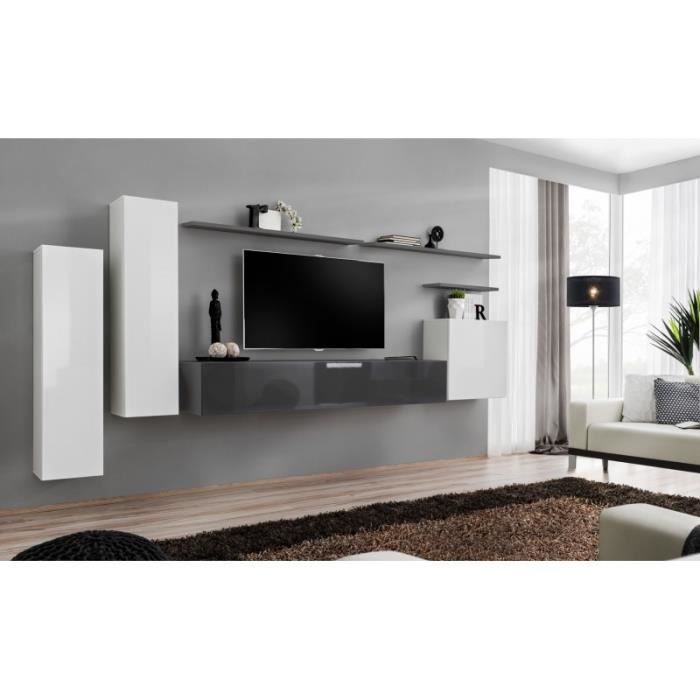 meuble tv mural switch i - price factory - blanc et gris brillant - 1 porte - contemporain - design