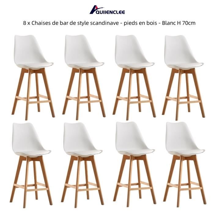 chaises de bar scandinaves quiienclee - blanc - coque en pp + coussin en cuir + pieds en bois
