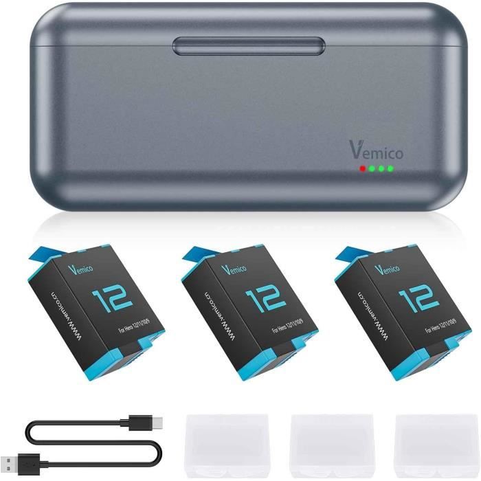 Batteria Hero 12 1800mAh Per GoPro 12/11/10/9 – Confezione 2 Batterie + Caricabatteria Triplo USB-C