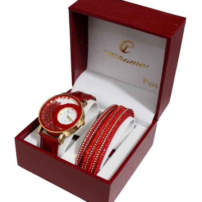 coffret montre femme cuir rouge strass + bracelet double tour stardust dolce vita
