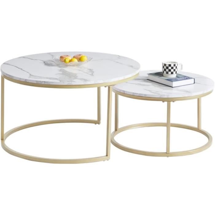 2 Tables Basses Gigognes Blanches Style Marbre & Pieds Dorés - Gain De Place Pour Salon & Chambre