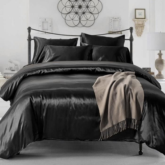 Parure de drap en Soie Satinée - WOVTE Parure de lit 4 Pcs avec 2 Taies doreiller 1 Drap 1 Housse de Couette - Noir - 220x240cm