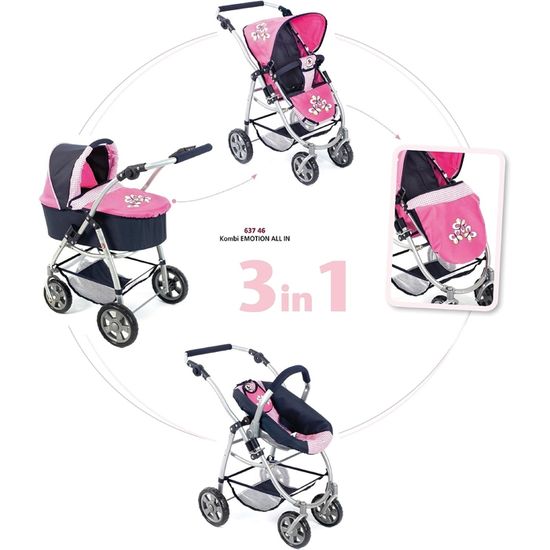 Poussette Poupée Bayer Chic 3-en-1 – Nacelle, Siège Sport Et Auto, Réglable, Pour Poupées Jusqu’à 52 Cm