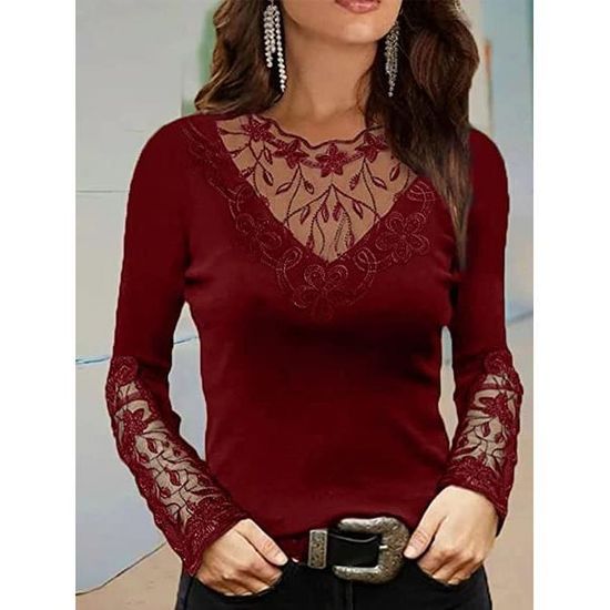 Chemisier en Tulle Rouge Sexy Hauts a Manches Longues Transparentes Col V Mode Chic Automne Rouge Cdiscount Pret a Porter