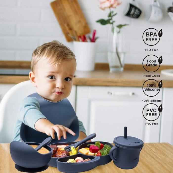 Bébé Assiette Compartiment avec Ventouse,6 Pièces Silicone Antiderapant  Assiette Enfant Set sans BPA ,Bleu