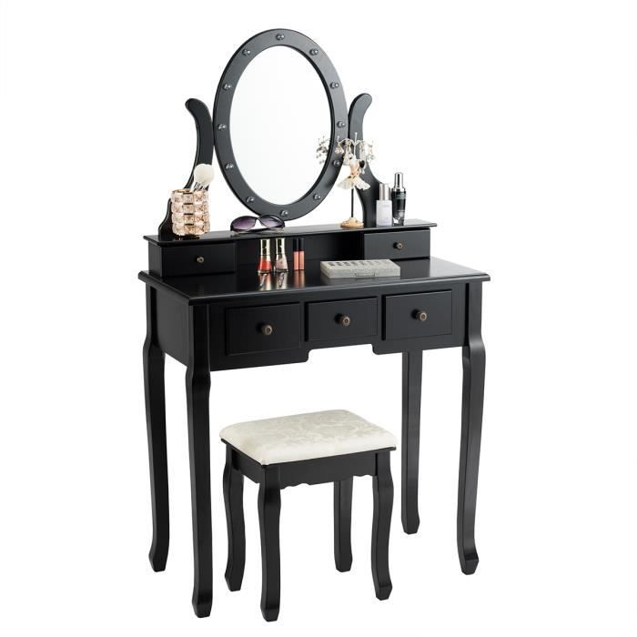 Coiffeuse avec Miroir et Tabouret Lampe à LED Table de Maquillage 2 Tiroirs  Pieds en Bois Résistants Noir - Cdiscount Maison