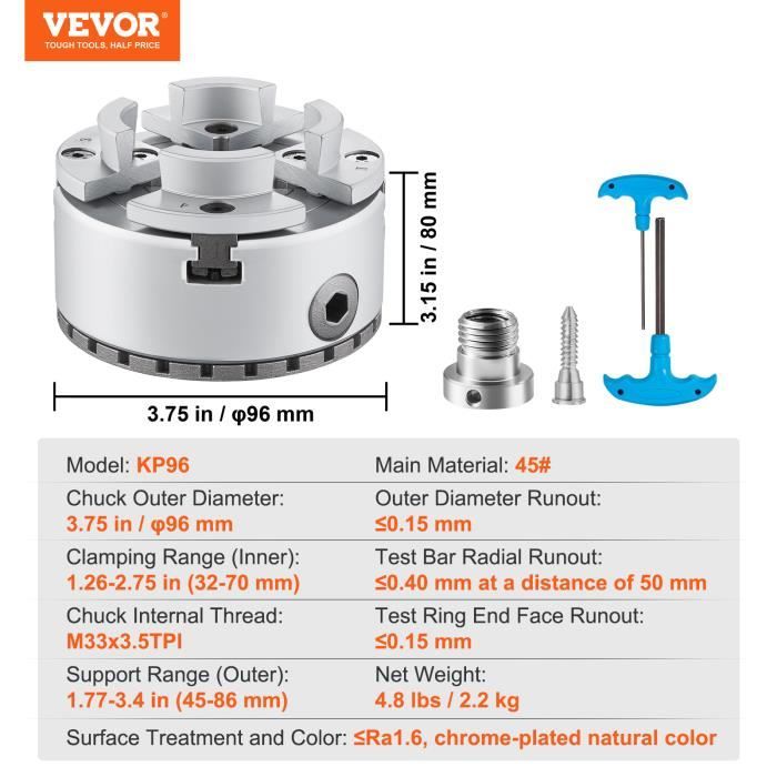 Mandrin De Tour 3 Mâchoires VEVOR 160mm - Auto-centrage Fonte HT300 Pour Métal Bois