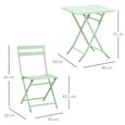 Salon de jardin bistro pliable - table carrée dim. 60L x 60l x 71H cm avec 2 chaises - métal thermolaqué vert d'eau-2