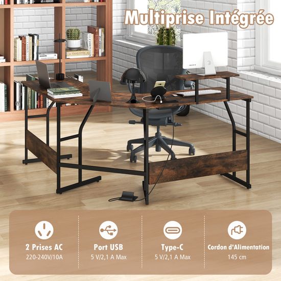 Bureau D'angle En L 150 Cm Avec LED & Prises - 2 Tiroirs, étagères Réversibles - Bureau Gamer/Bureau