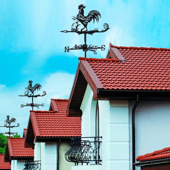 Girouette Rétro En Acier Inoxydable – Coq 50x30 Cm, Noir, Rotation Fluide, Décoration De Jardin, Toit, Cour, Abri