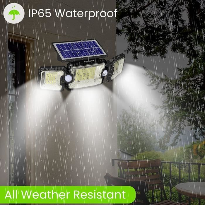 Lampe de sécurité solaire, projecteur extérieur à LED avec 3 têtes  réglables, étanche IP65, projecteurs rotatifs à 360°, jardin extérieur,  porche 