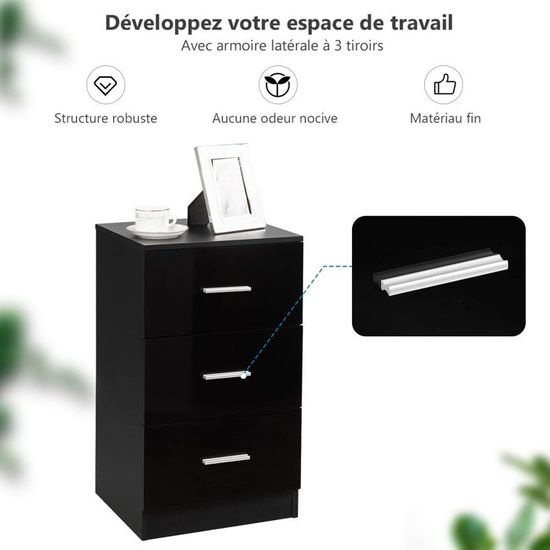 Caisson De Bureau 3 Tiroirs Avec Roulettes – Rangement A4, Documents, Mobile, Anti-basculement (53x39x58cm, Naturel+noir) - 2