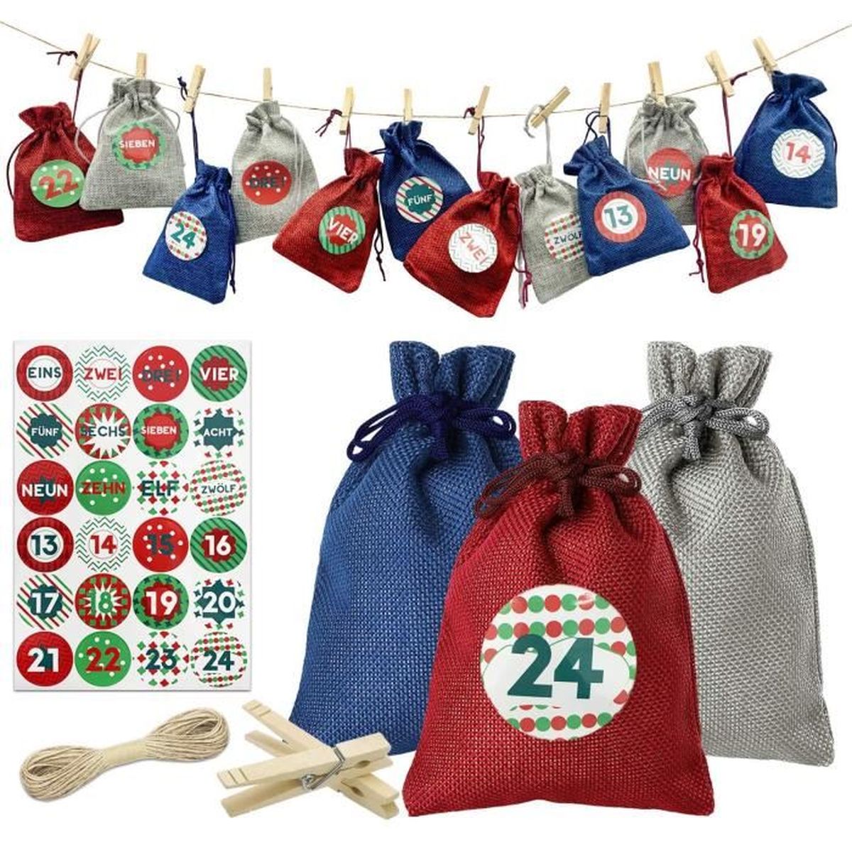 Calendrier De L’Avent à Remplir Soi-même – 24 Sachets En Tissu Rose/gris – Idéal Pour Enfants Et Familles