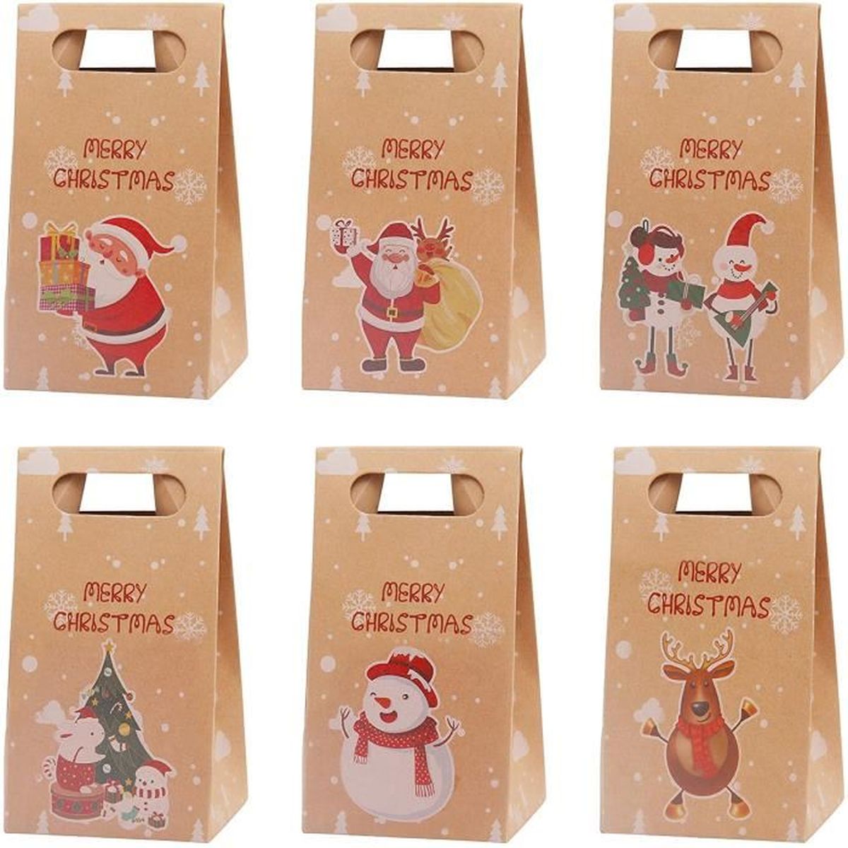 Sacs Cadeaux de Noël avec Poignées 24 sacs de Noël Moyens pour Cadeaux Styles assortis Fournitures de Friandises Fêtes de Noël Sacs d/'emballage de Noël Kraft Réutilisables pour les cadeaux de Noël