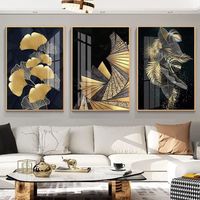 Lot de 3 tableaux muraux pour salon - Motif Ginkgo Biloba - Feuille de plantes dorées - Poster moderne sur toile sans cadre 30x40cm