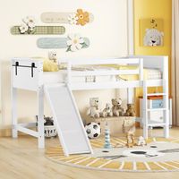 Lit mezzanine pour enfants MISNODE 90*200 cm, lit bébé, avec toboggan et escalier, rampe haute, pin massif, blanc